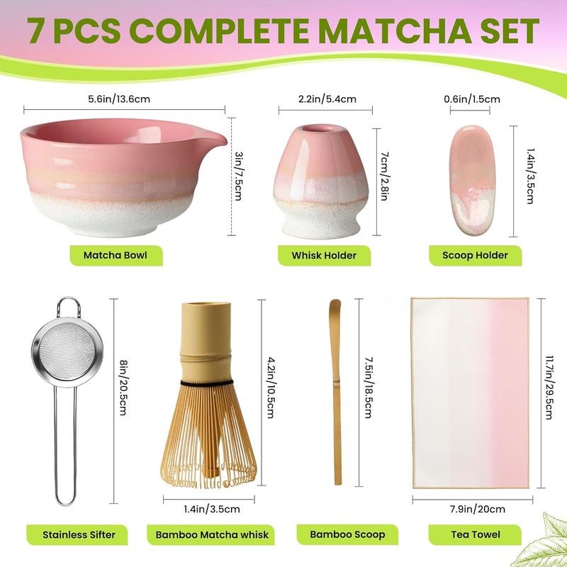 GBBG Matcha Whisk Set, Ceramic Matcha Kit Desert Style, Matcha Whisk and Bowl, Bamboo Scoop and Rest, Sifter and Tea Towel, 7 Pcs Gifts for Matcha Lover - Pink - Image 5